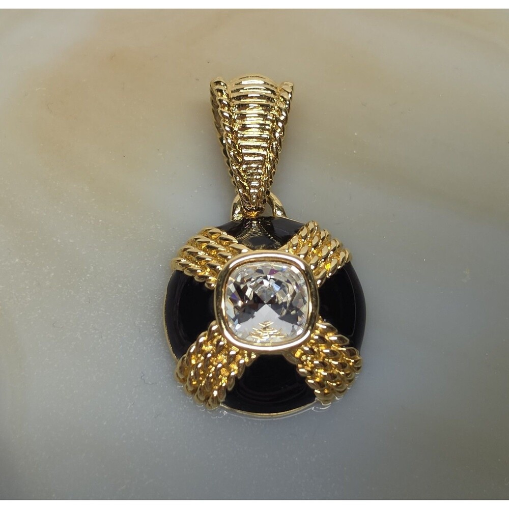 VINTAGE SWAROVSKI BLACK GOLD TONE CLEAR CRYSTAL PENDANT, SIGNED SWAN LOGO